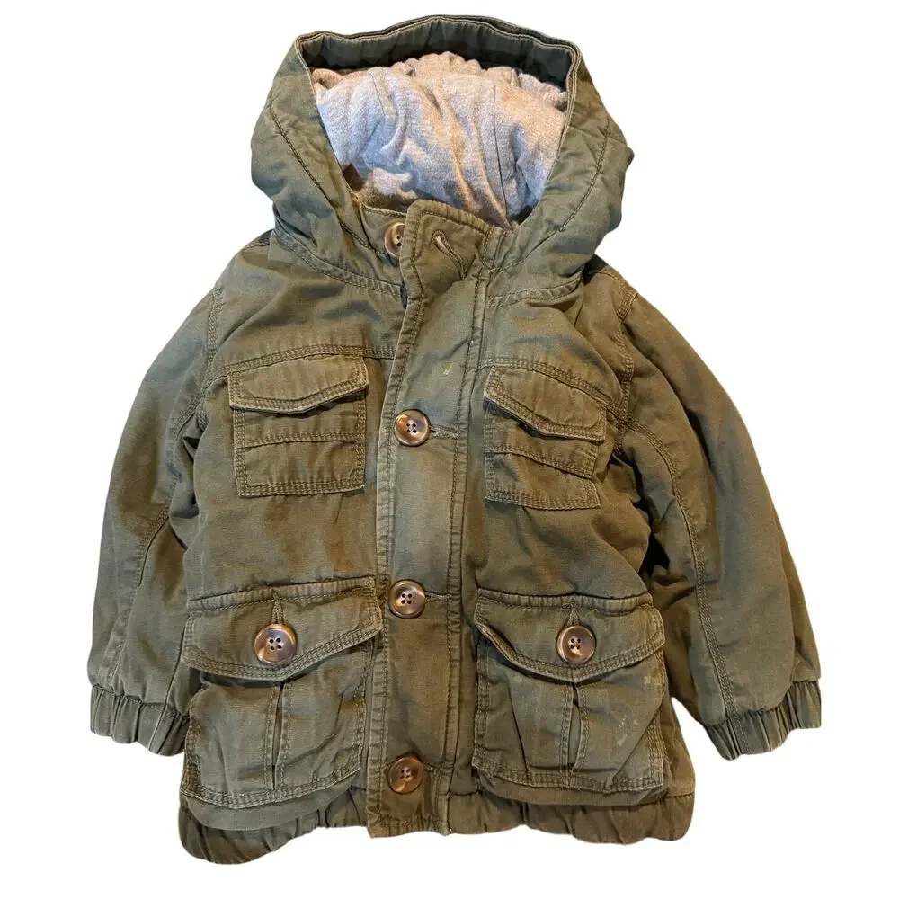 Old Navy Olive Green Hooded Utility Toddler Jacket Button up lined 18-24 months